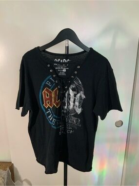 AC/DC Black Lace-Up Graphic Short Sleeve Retro Band Tee